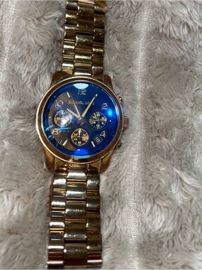 Michael Kors Gold-Tone Watch with Blue Dial and Chronographs
